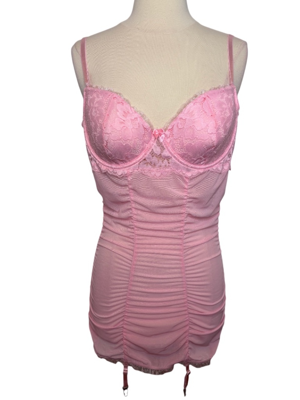 Shirley of Hollywood Pink Mesh Lace Ruched Lingerie Garter Straps Size XL